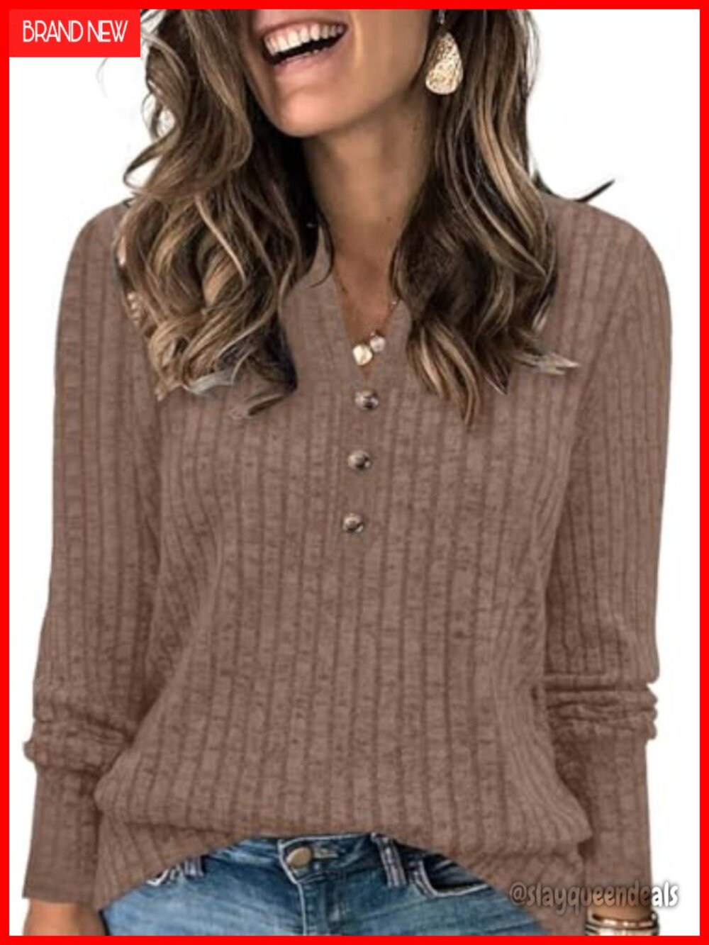 Women's Plus Size Ribbed Knit Long Sleeve Henley Button Down Tunic Sweater